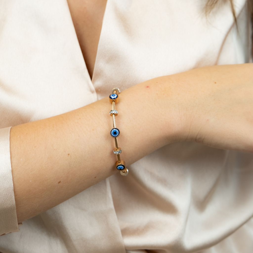 Blue Evil Eye Brass Gold Zircon Magnetic Bangle Bracelet