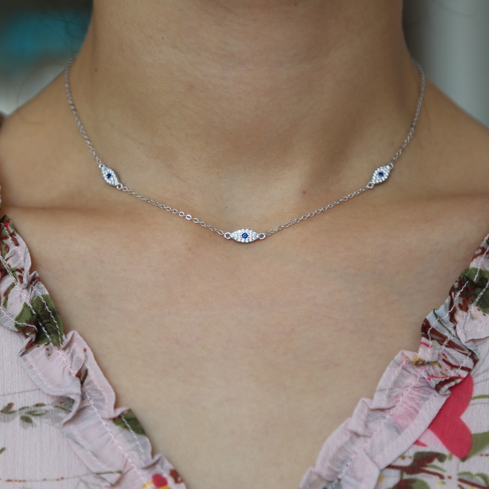 Sterling Silver Necklace with 3 Blue Zirconia Evil Eyes Set in the Chain