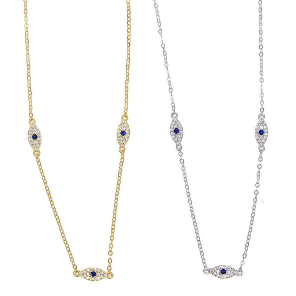 Sterling Silver Necklace with 3 Blue Zirconia Evil Eyes Set in the Chain