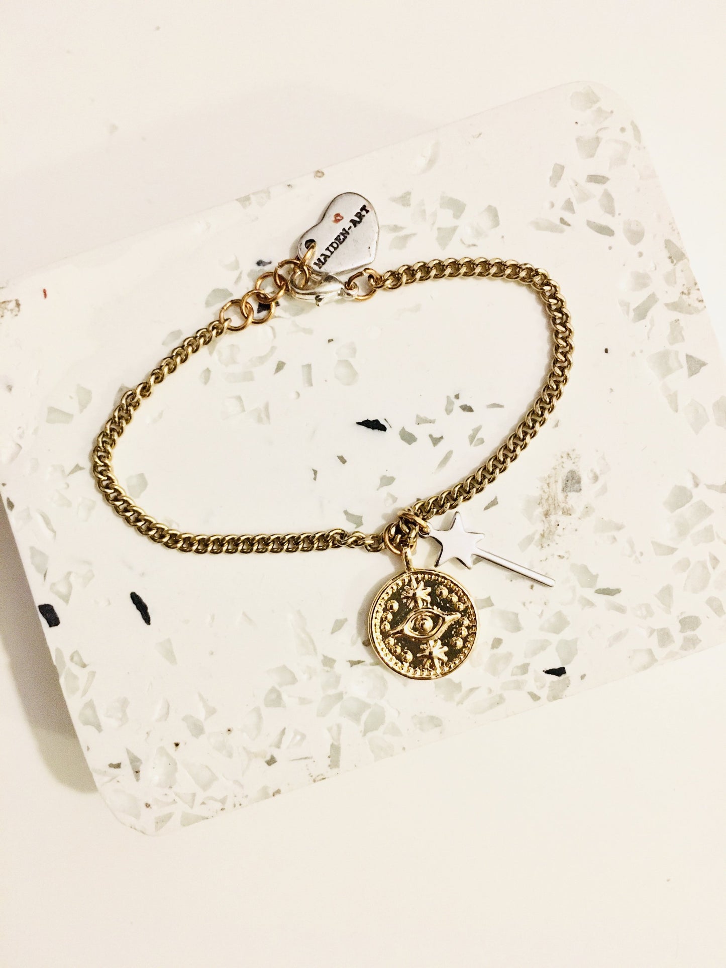 Gold Evil Eye Coin Bracelet and Magic Wand Charm