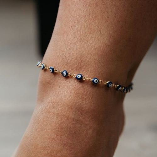 Blue Evil Eye Adjustable Beaded Anklet