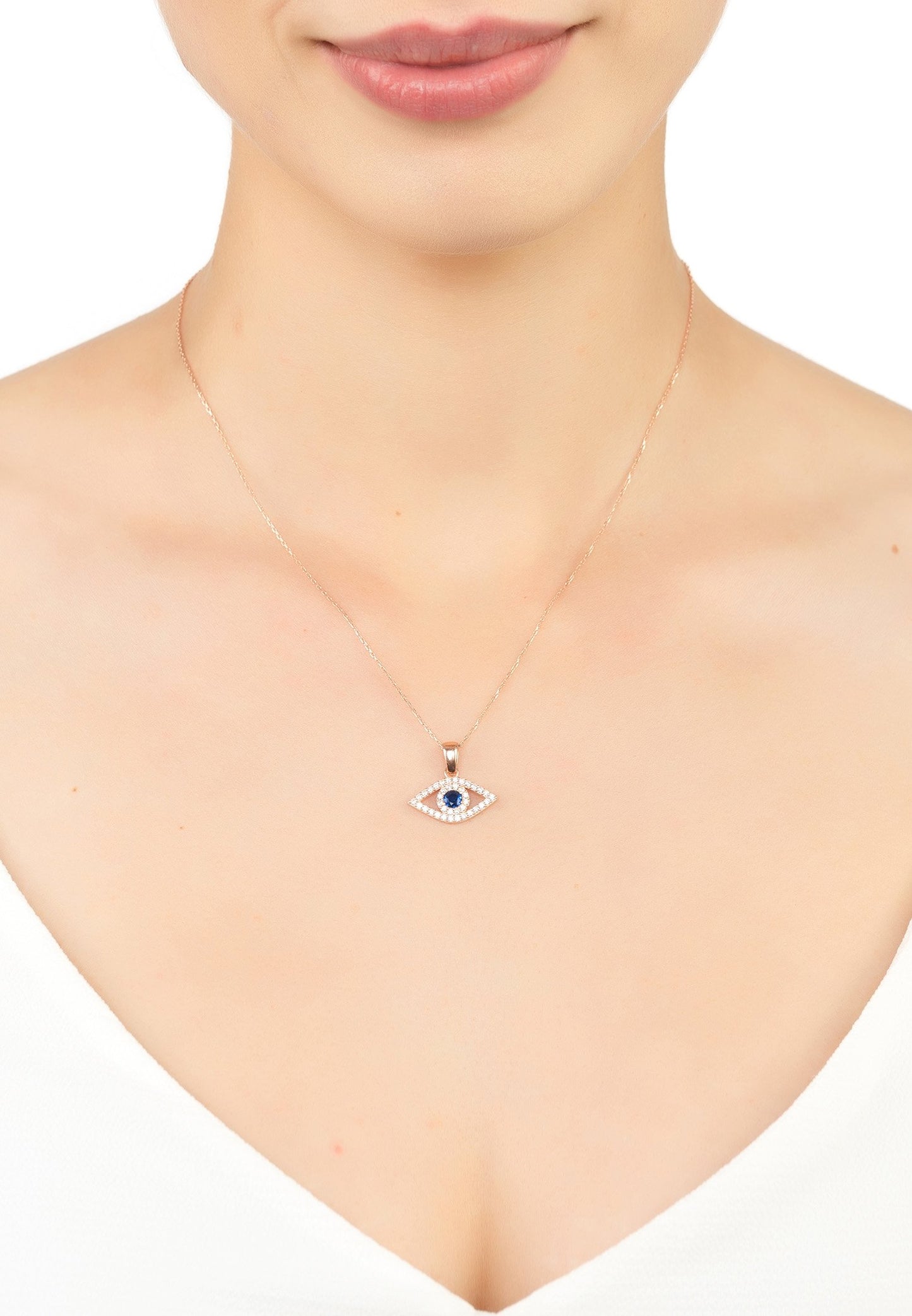 Evil Eye Elliptical Necklace Blue Rosegold