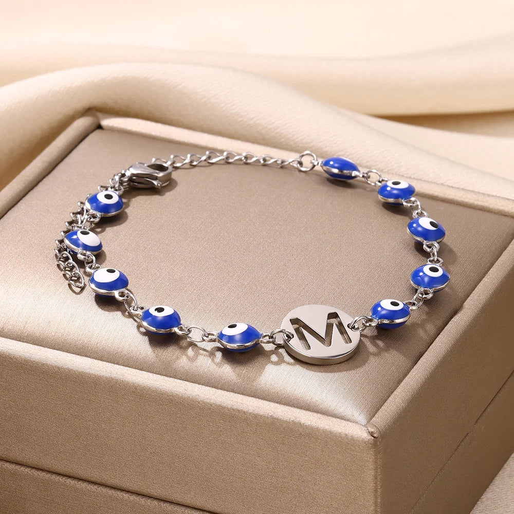 A-Z Letter Evil Eye Silver Bracelet