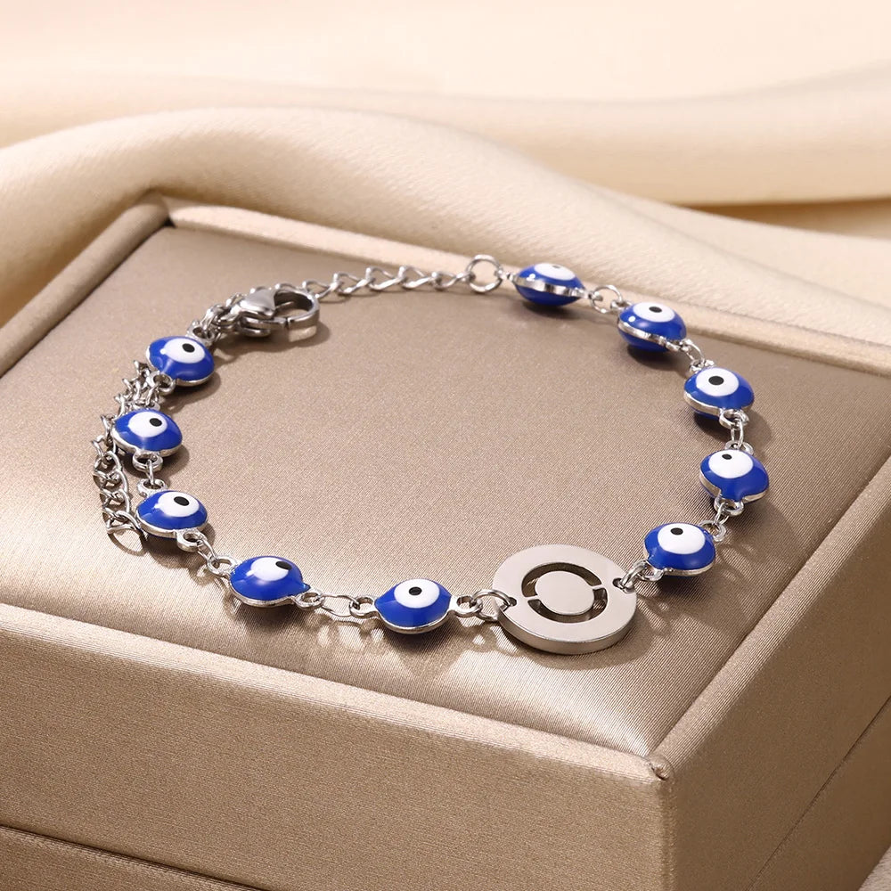 A-Z Letter Evil Eye Silver Bracelet