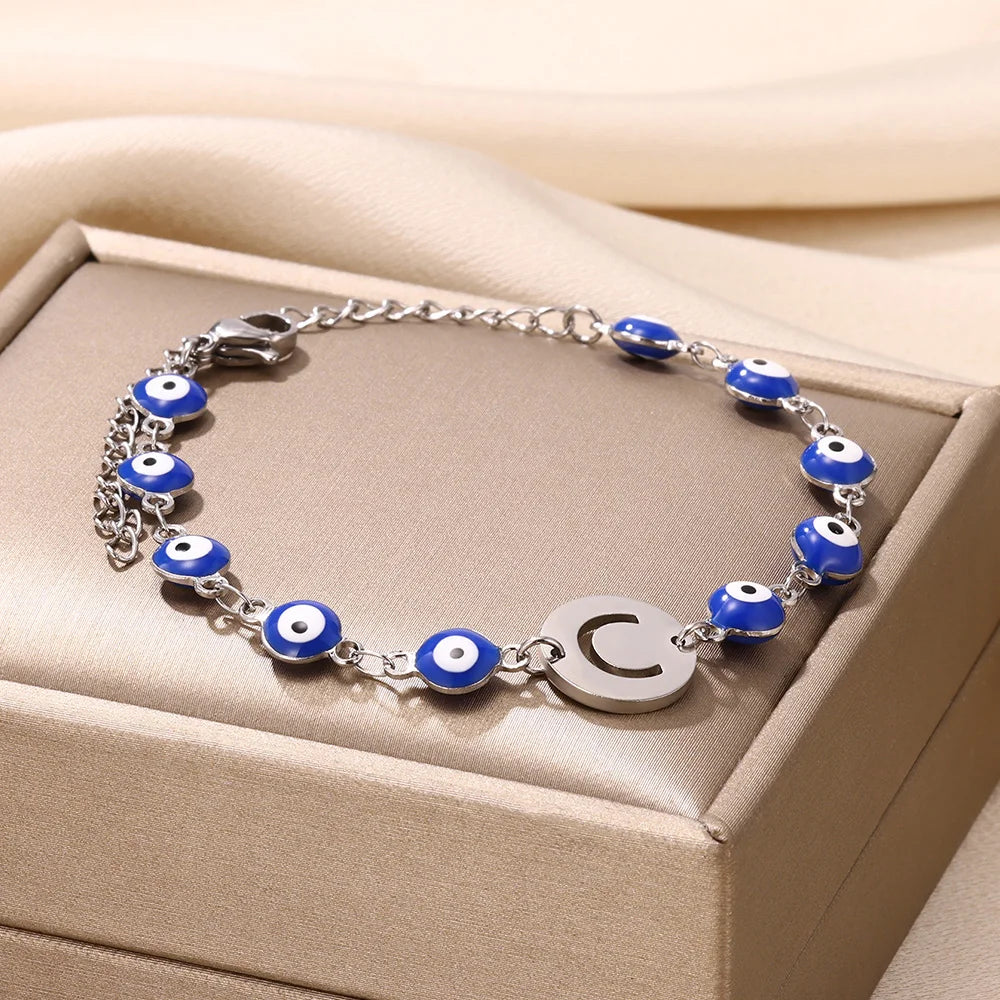 A-Z Letter Evil Eye Silver Bracelet