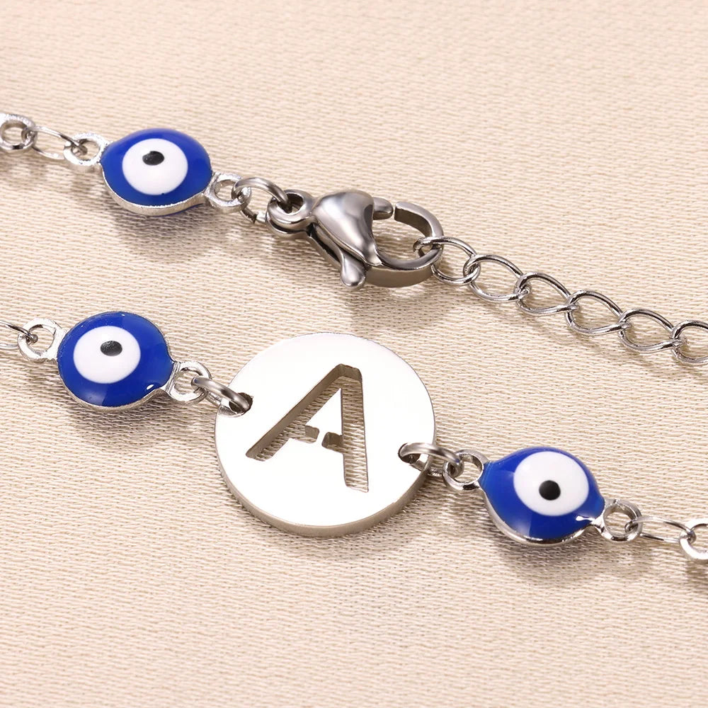 A-Z Letter Evil Eye Silver Bracelet