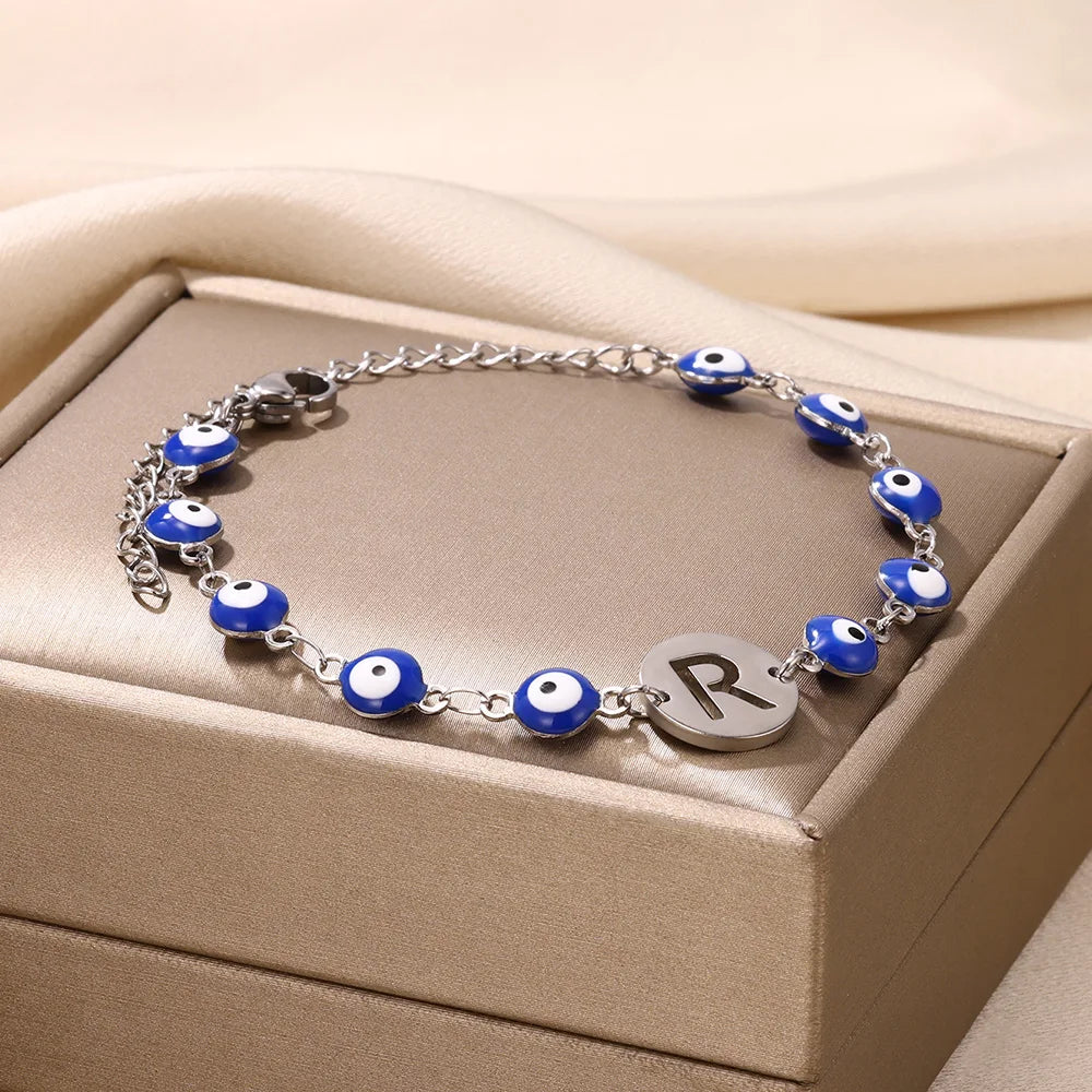 A-Z Letter Evil Eye Silver Bracelet