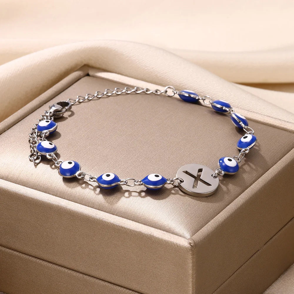 A-Z Letter Evil Eye Silver Bracelet