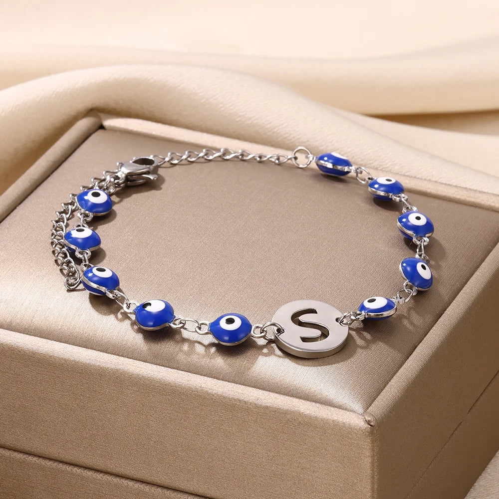 A-Z Letter Evil Eye Silver Bracelet