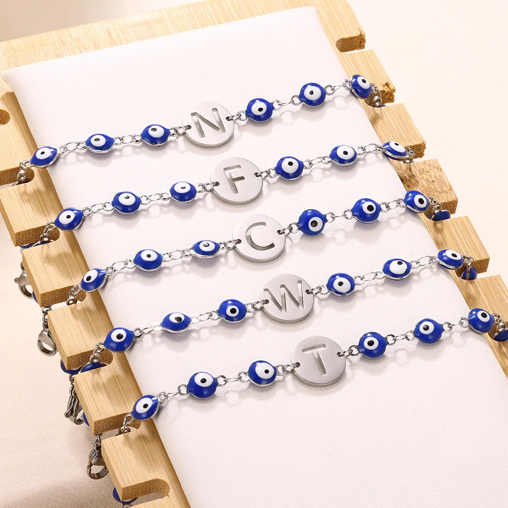 A-Z Letter Evil Eye Silver Bracelet