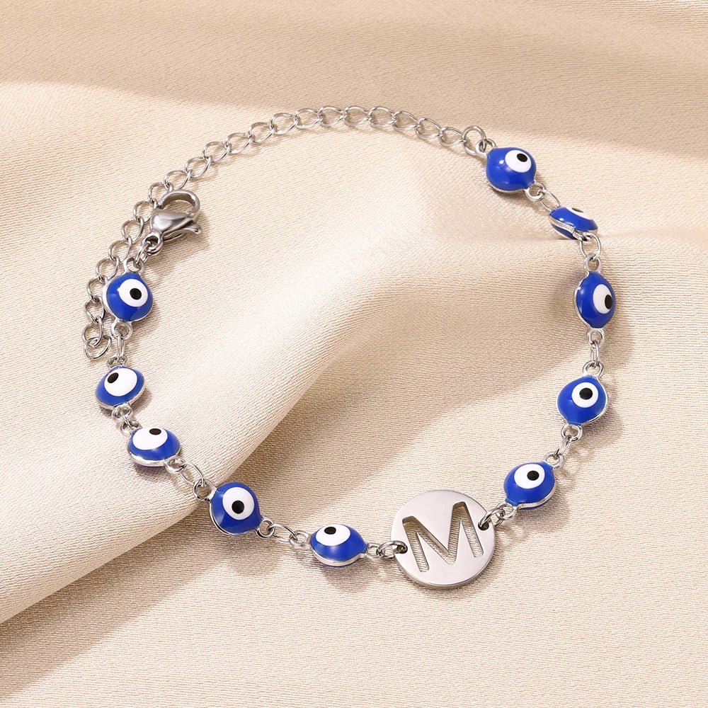 A-Z Letter Evil Eye Silver Bracelet