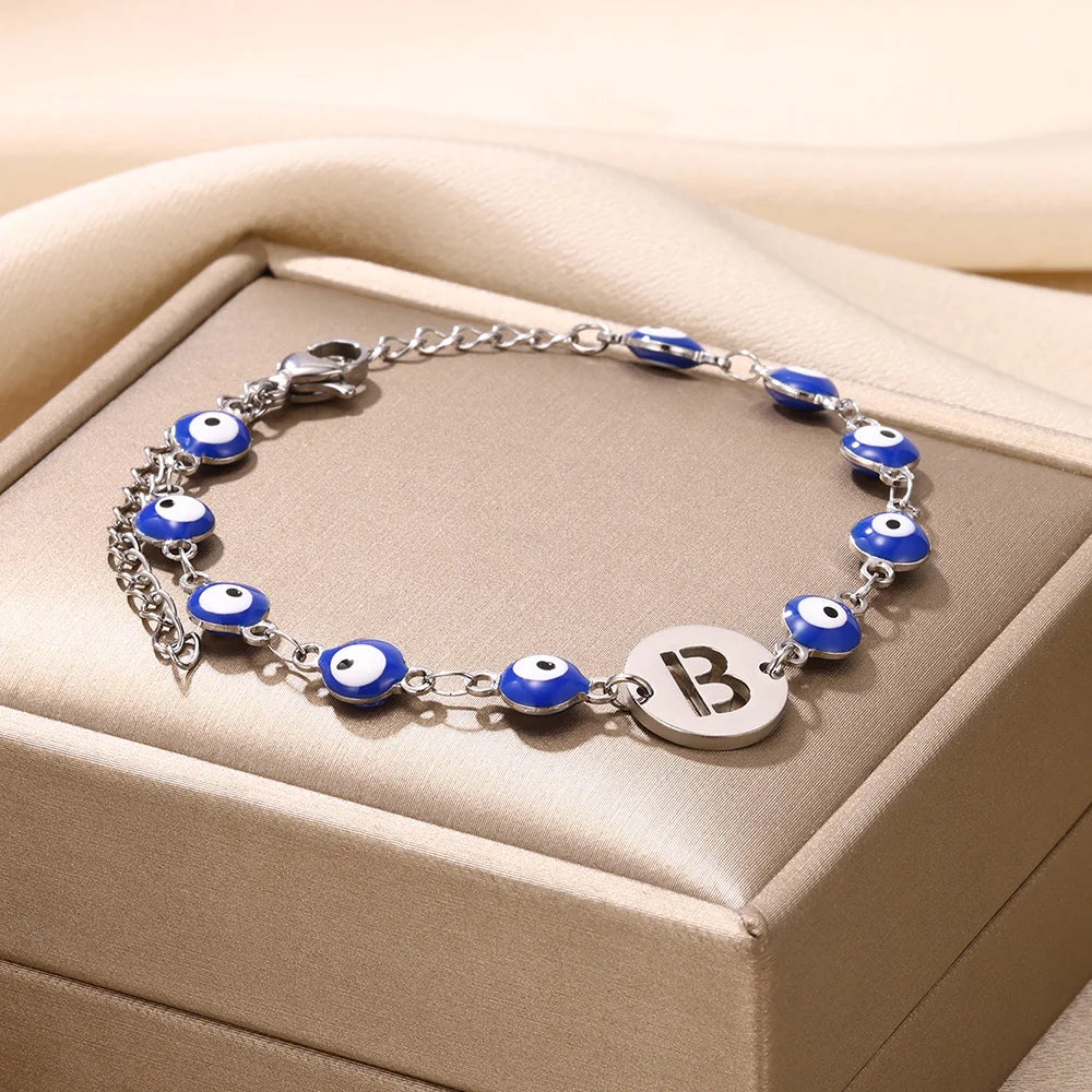 A-Z Letter Evil Eye Silver Bracelet