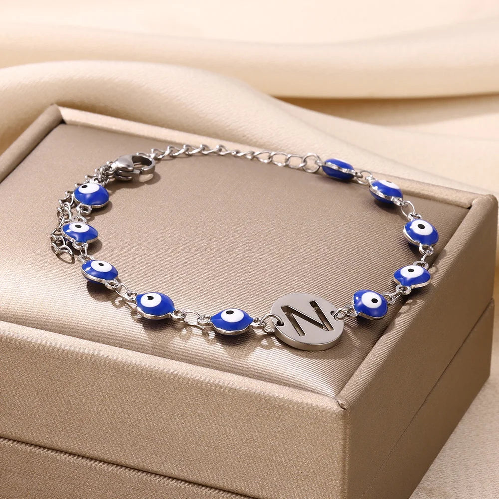 A-Z Letter Evil Eye Silver Bracelet