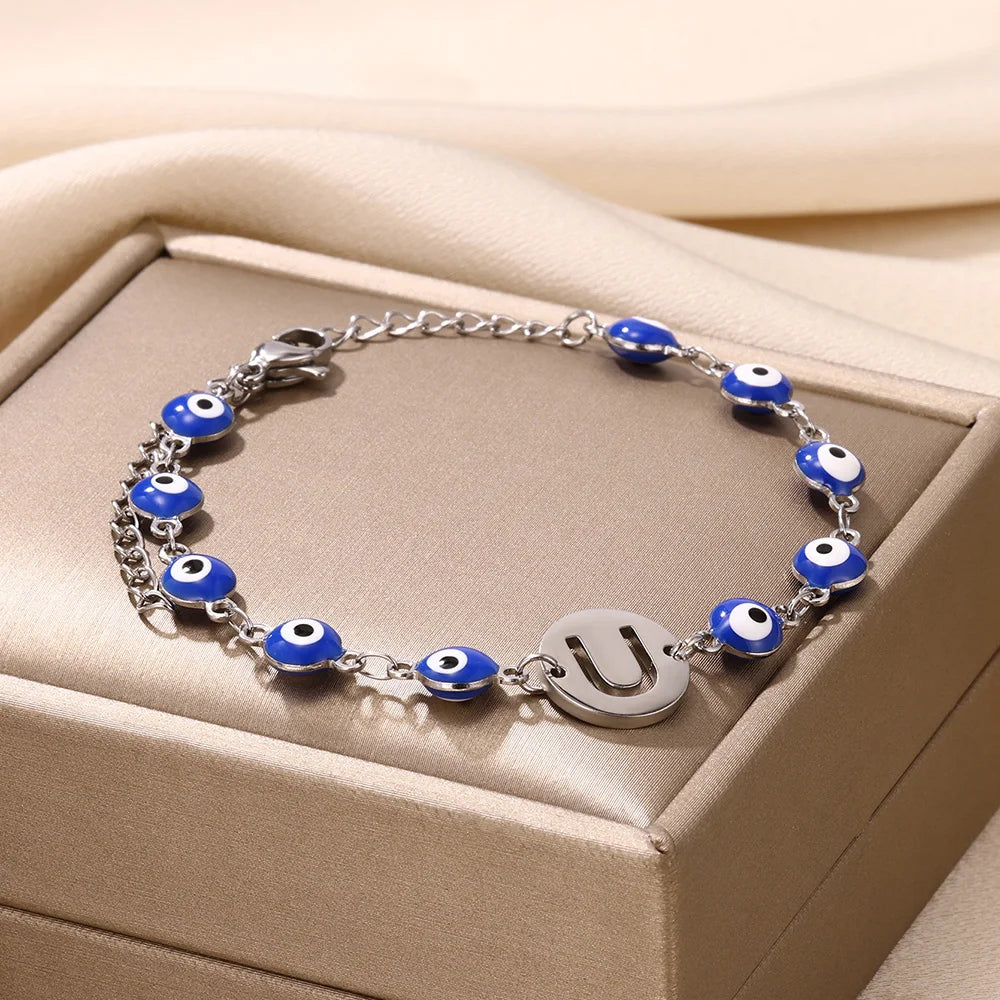 A-Z Letter Evil Eye Silver Bracelet