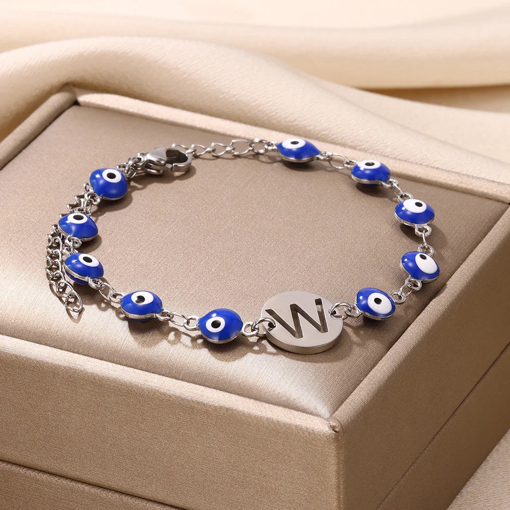 A-Z Letter Evil Eye Silver Bracelet