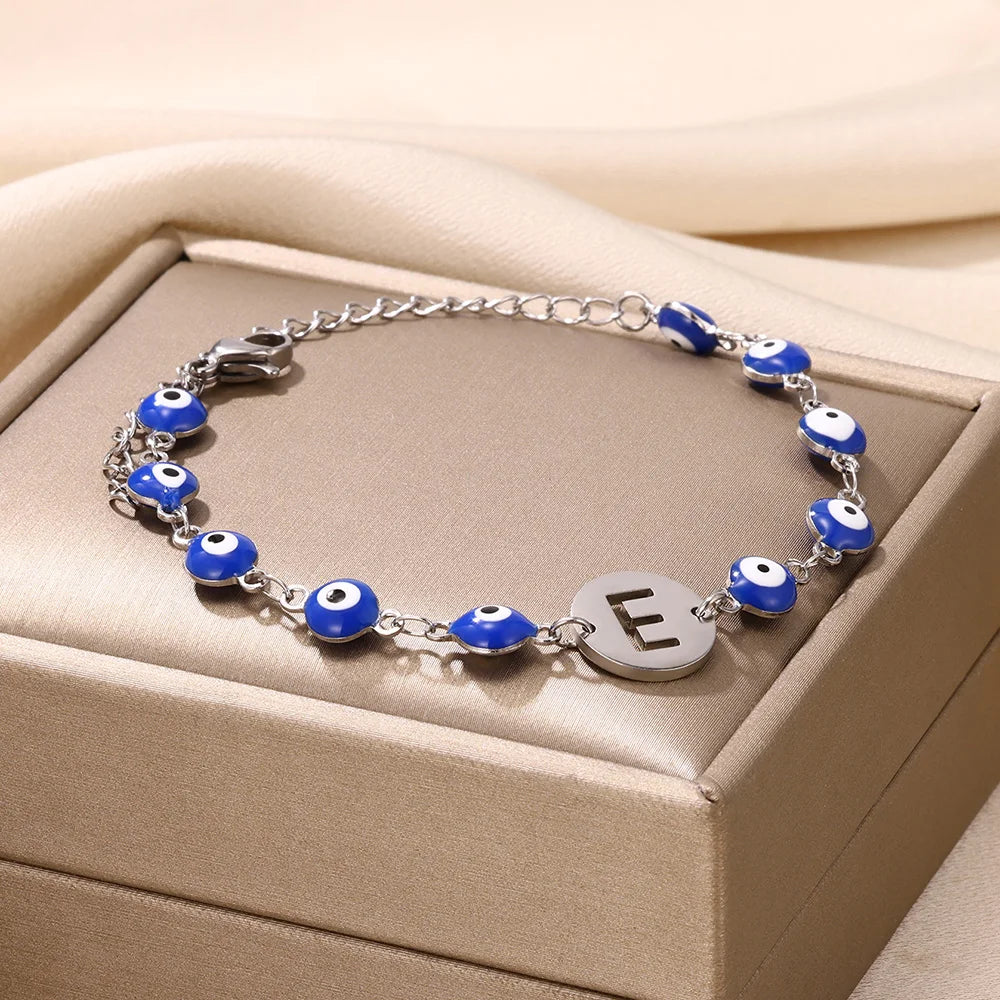 A-Z Letter Evil Eye Silver Bracelet