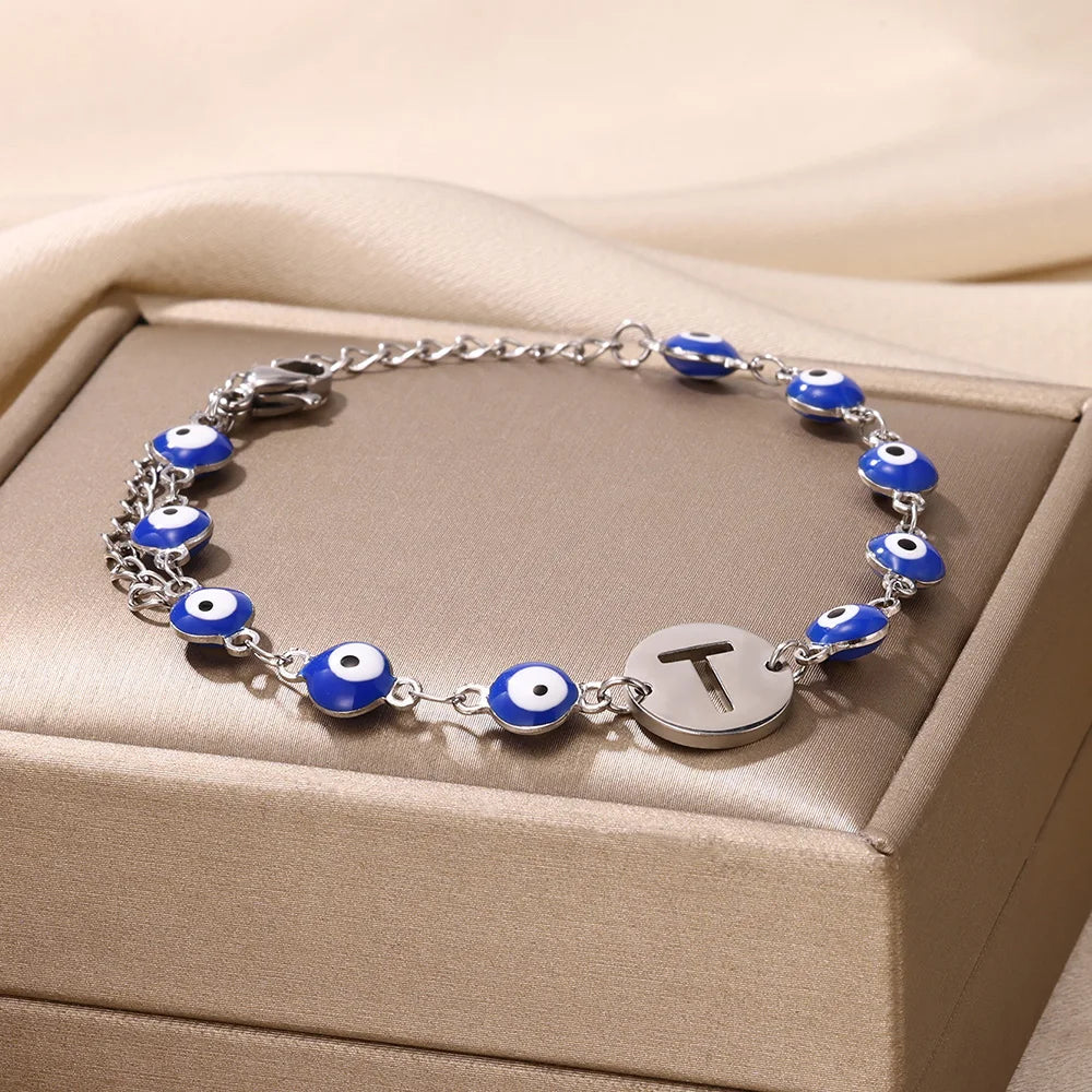 A-Z Letter Evil Eye Silver Bracelet