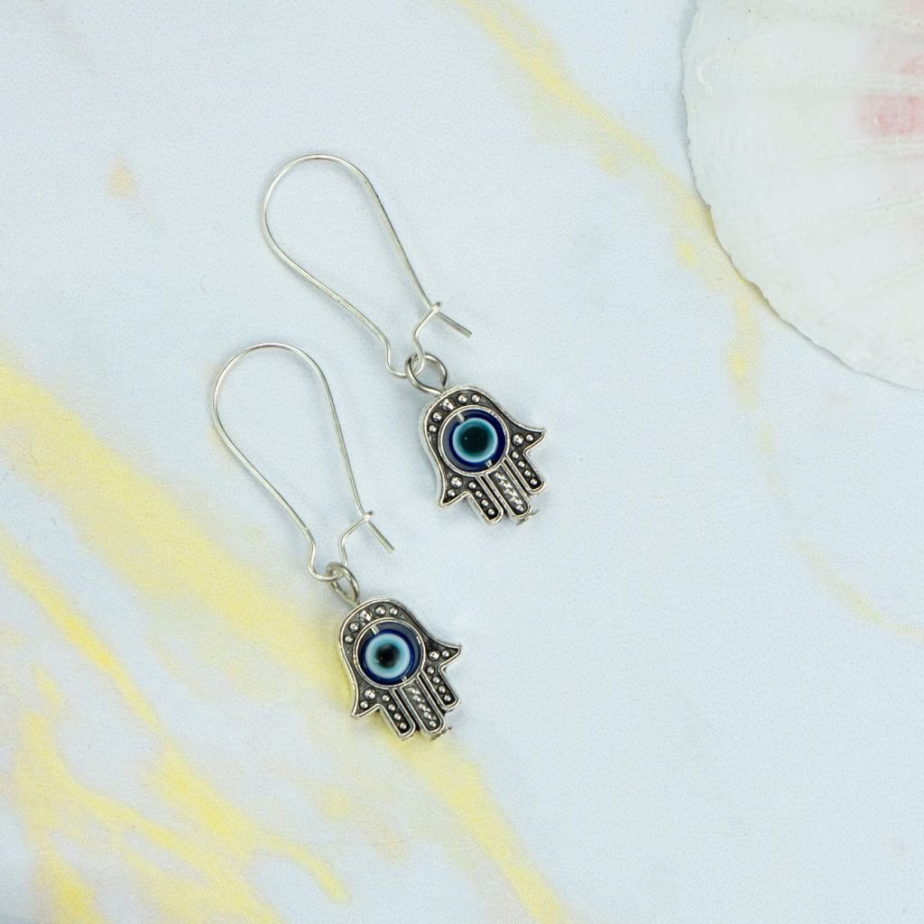 Long Silver Evil Eye Dainty Hand Hamsa Huggie Latch Back