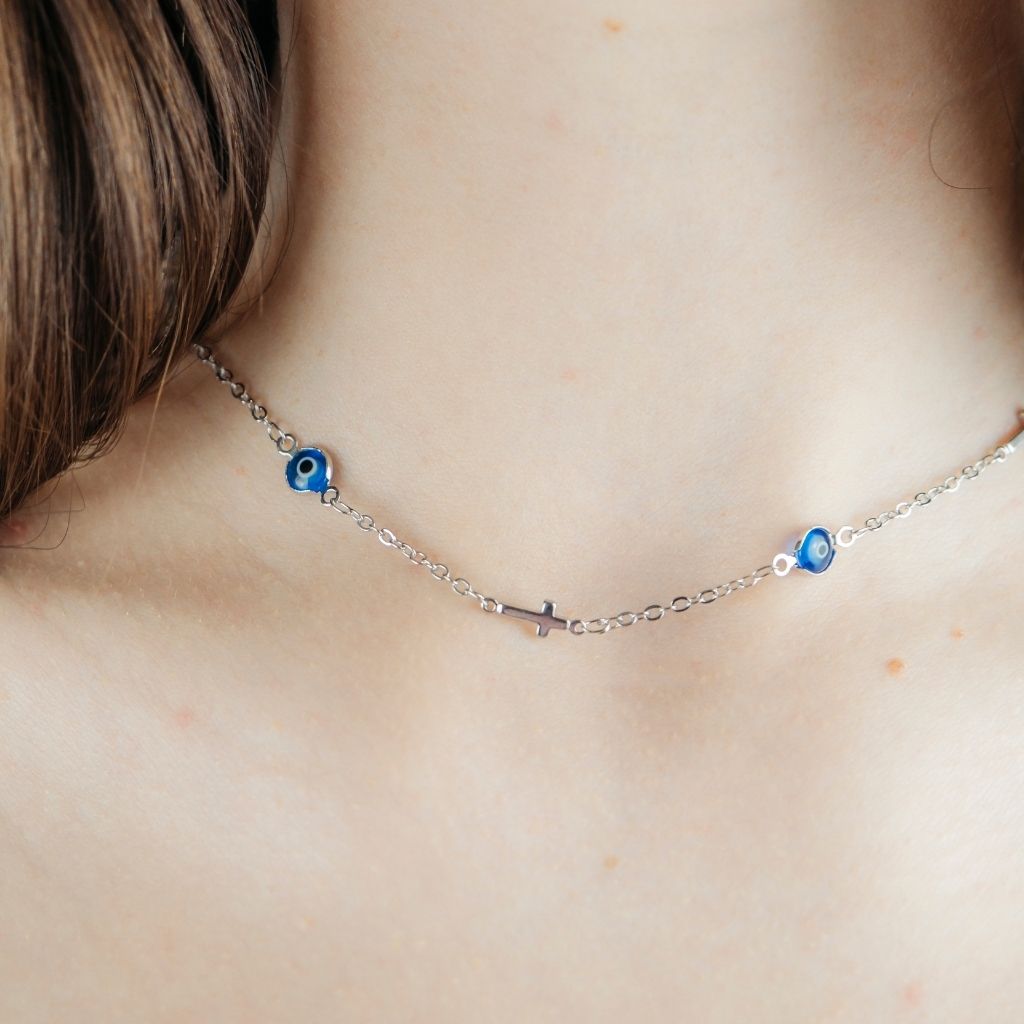 Blue Evil Eye Sideways Cross Choker