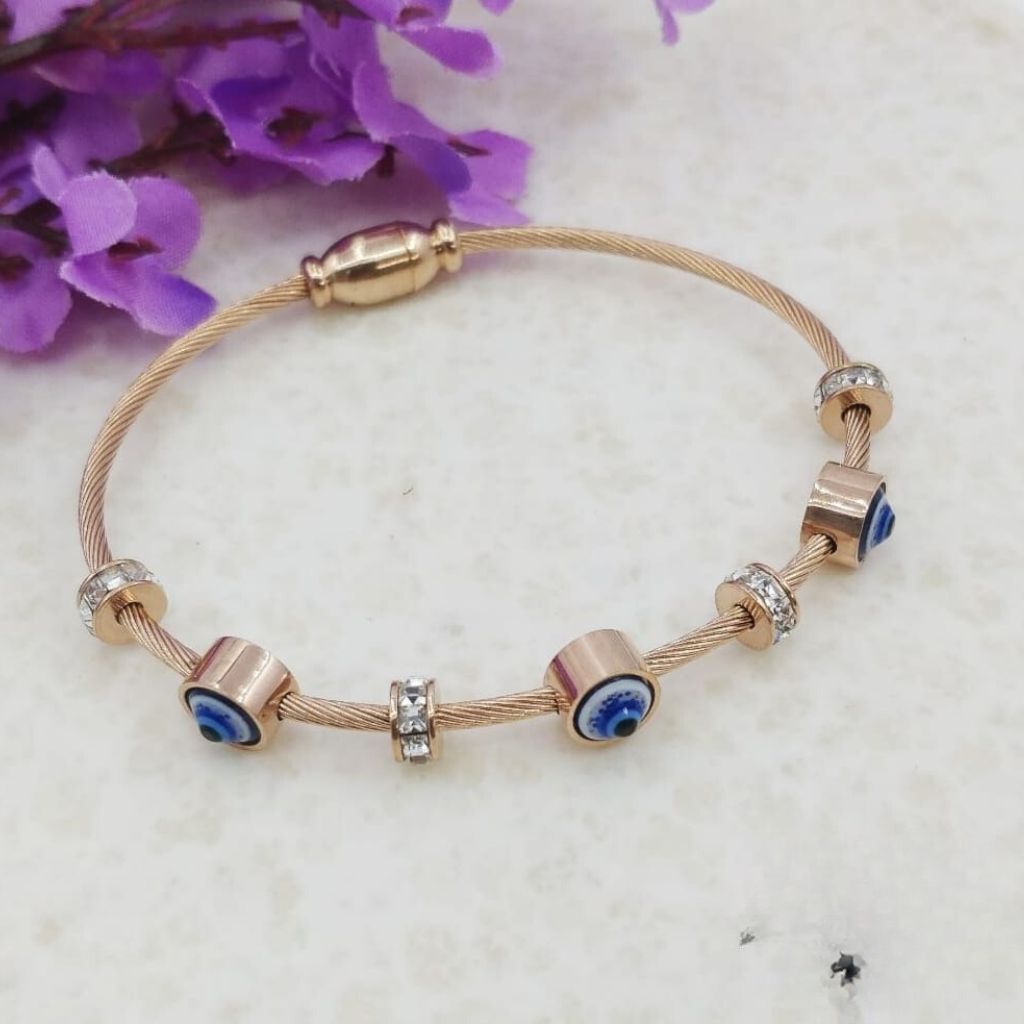 Blue Evil Eye Brass Gold Zircon Magnetic Bangle Bracelet