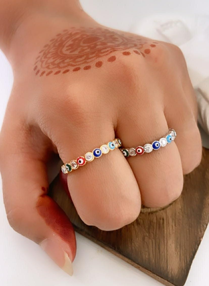 Adjustable Multicolour Minimalist Slim Stacking Evil Eye Ring