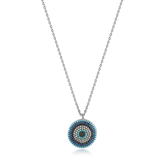 Sterling Silver Round Evil Eye Charm Pendant Necklace