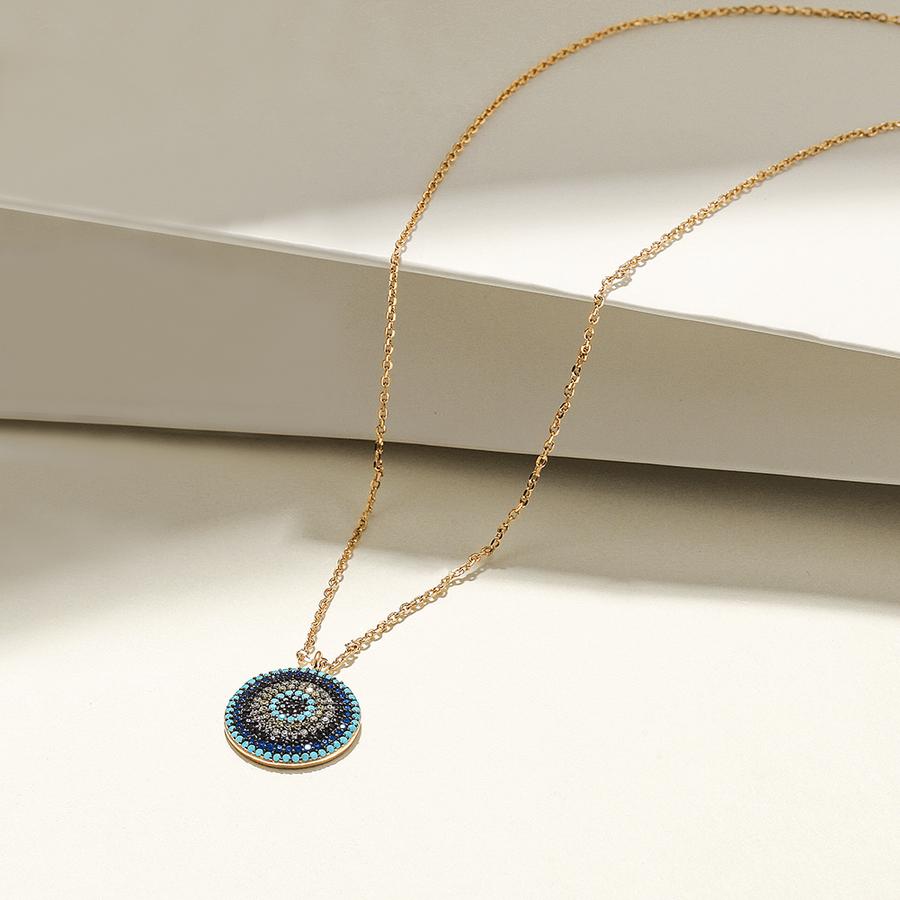 Sterling Silver Round Evil Eye Charm Pendant Necklace