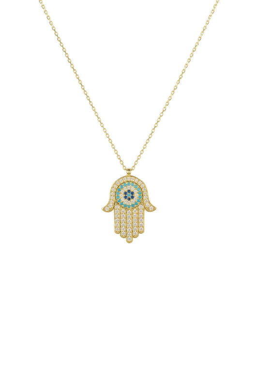 Hamsa Hand With Evil Eye Pendant Necklace Gold