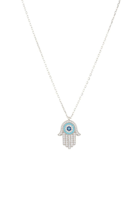 Hamsa Hand With Evil Eye Pendant Necklace Turquoise Silver