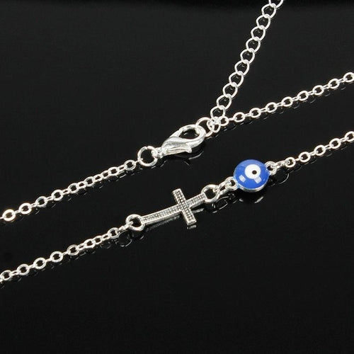 Blue Evil Eye Sideways Cross Choker