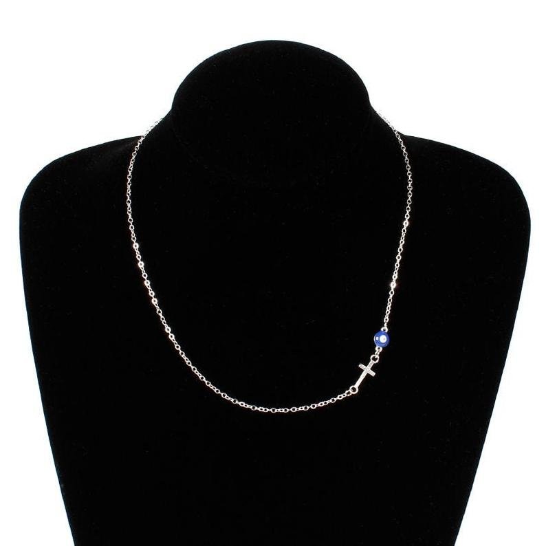 Blue Evil Eye Sideways Cross Choker