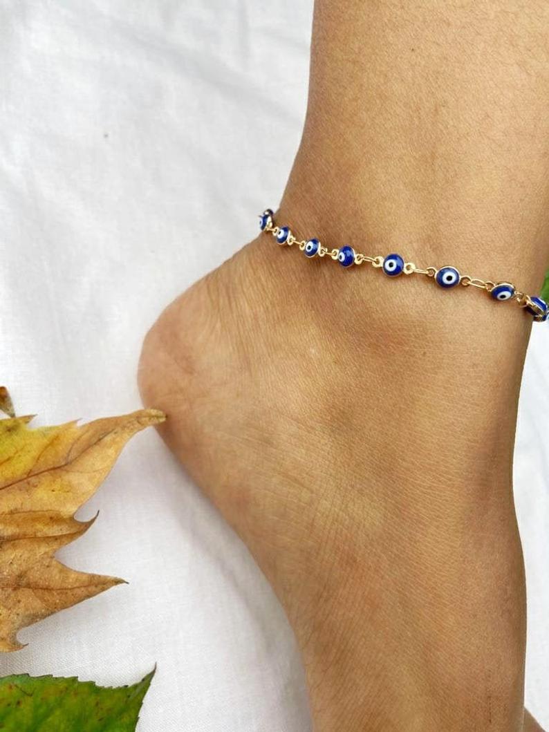 Blue Evil Eye Adjustable Beaded Anklet