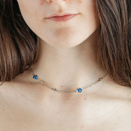 Blue Evil Eye Sideways Cross Choker