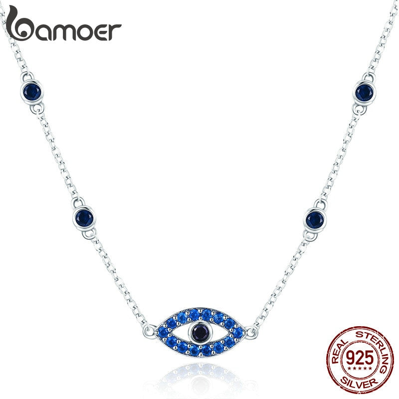 Sterling Silver Necklace with Blue Zircon Evil Eye Pendant