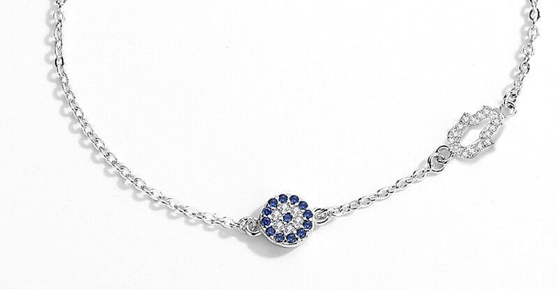 Sterling Silver Bracelet with Blue Evil Eye and Hamsa Hand