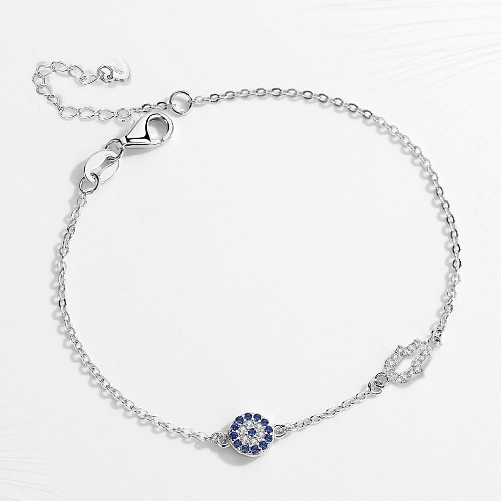 Sterling Silver Bracelet with Blue Evil Eye and Hamsa Hand