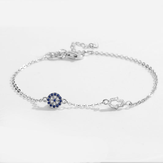 Sterling Silver Bracelet with Blue Evil Eye and Hamsa Hand