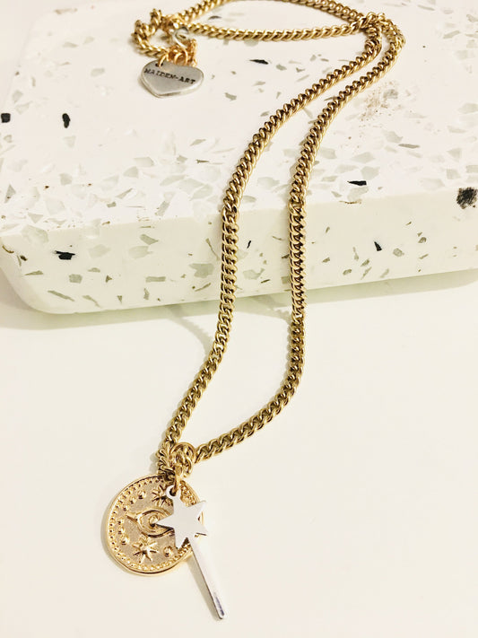 Gold Evil Eye Coin Necklace and Magic Wand Charm